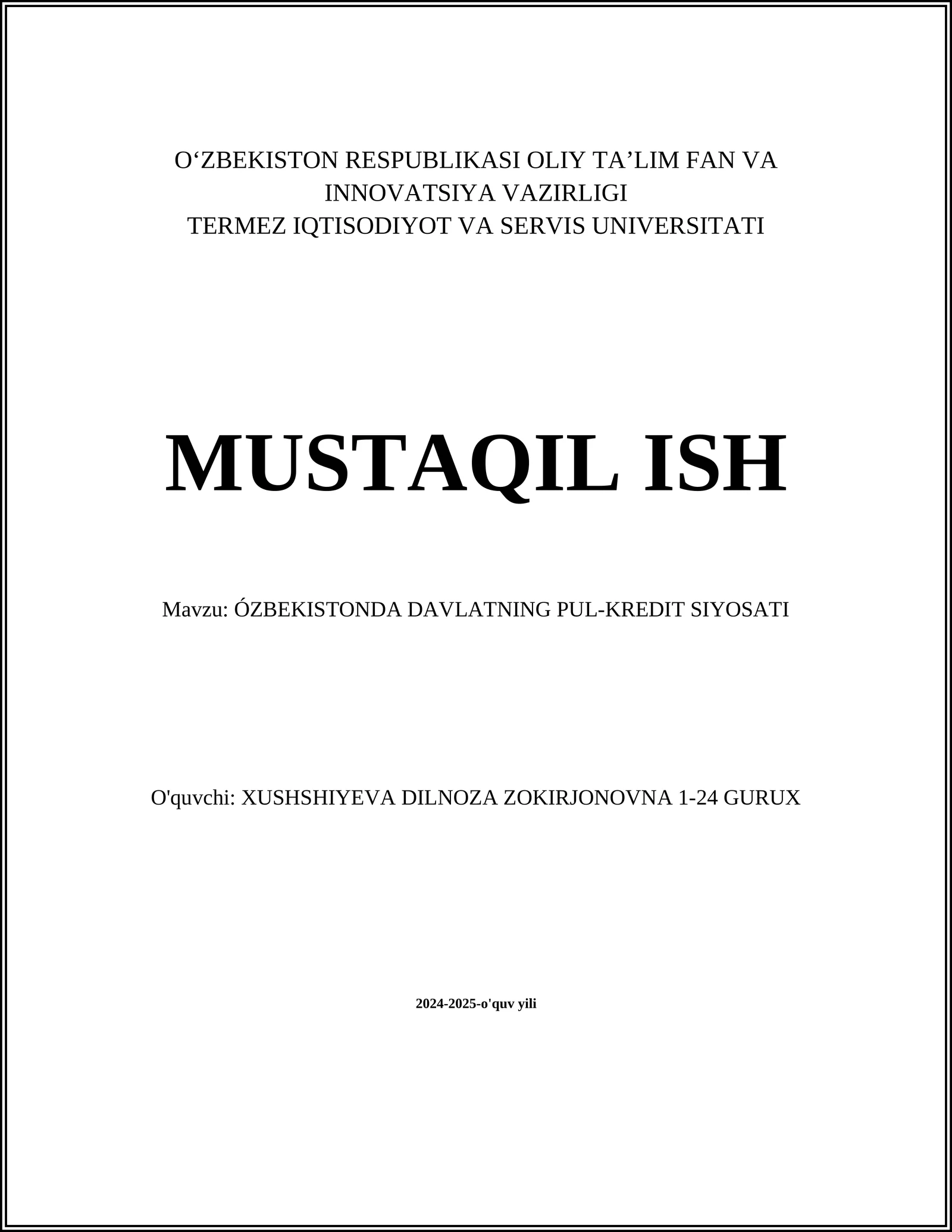 ÓZBEKISTONDA DAVLATNING PUL-KREDIT SIYOSATI