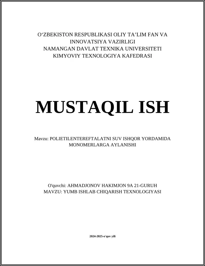 POLIETILENTEREFTALATNI SUV ISHQOR YORDAMIDA MONOMERLARGA AYLANISHI