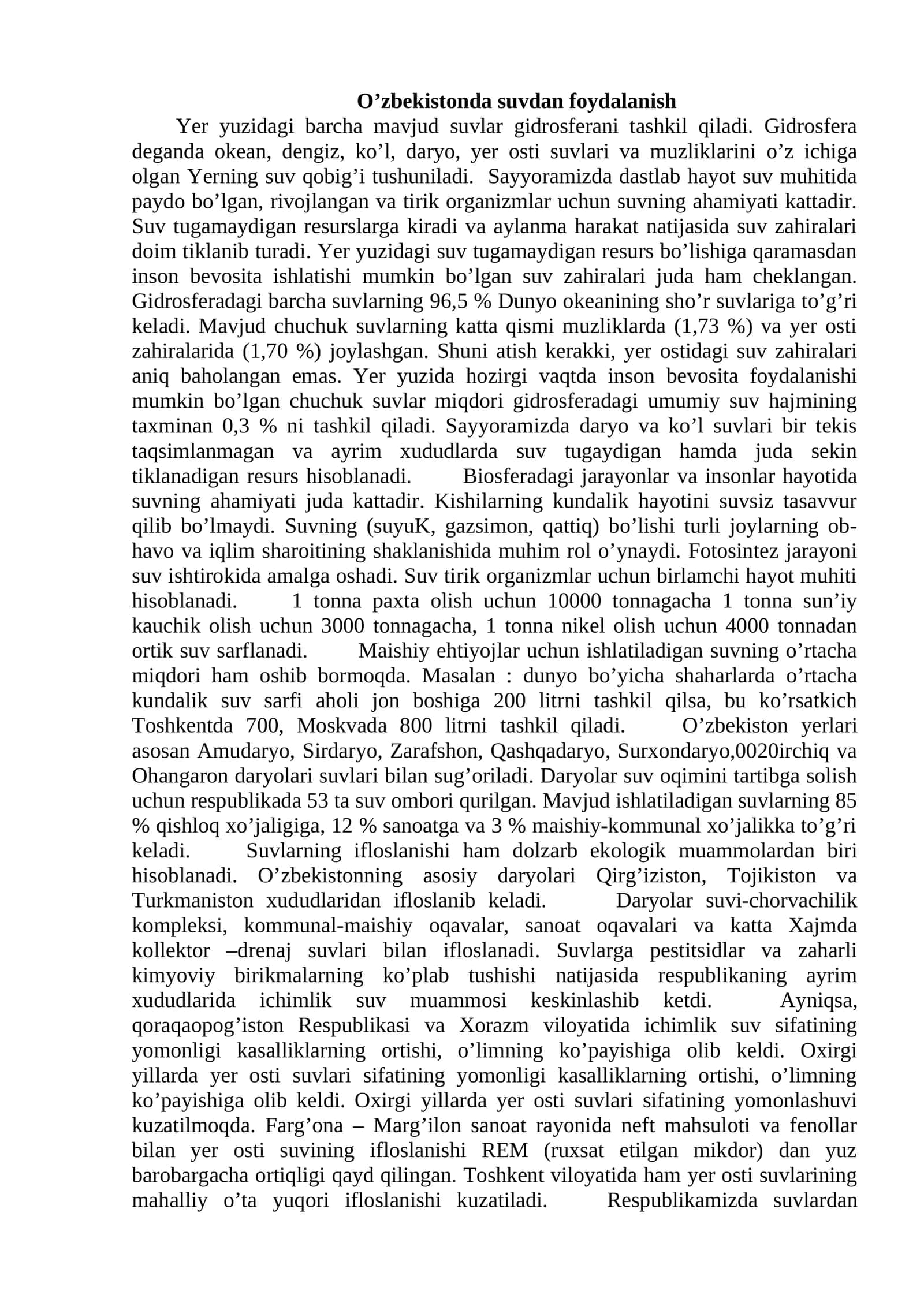 O'zbekistonda suvdan foydalanish