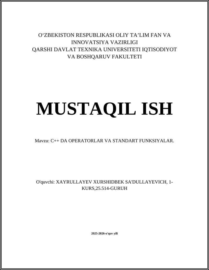 C++ DA OPERATORLAR VA STANDART FUNKSIYALAR