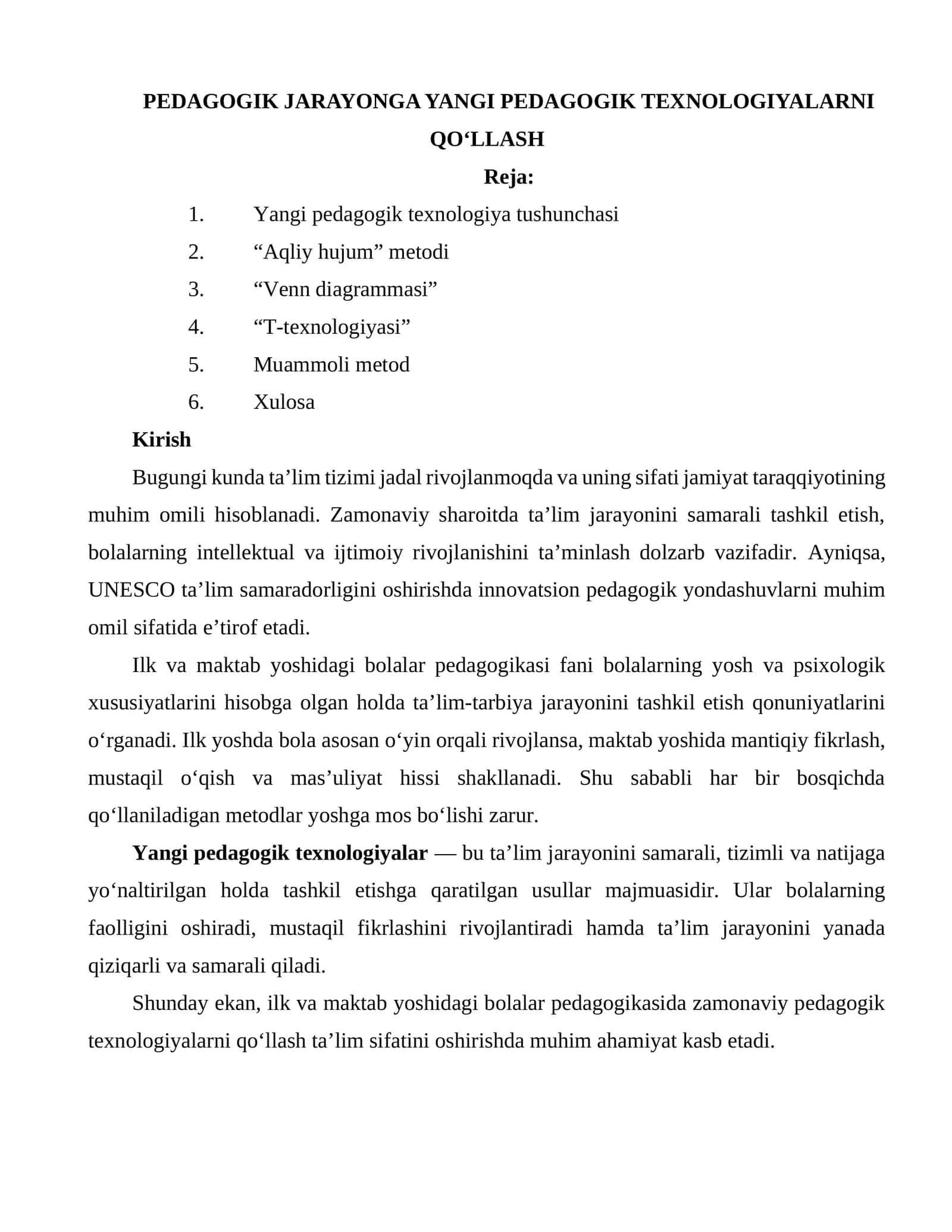 PEDAGOGIK JARAYONGA YANGI PEDAGOGIK TEXNOLOGIYALARNI QO‘LLASH