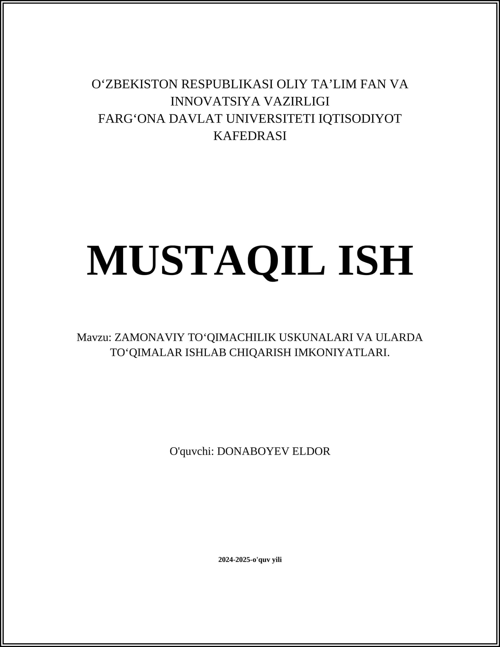 ZAMONAVIY TOʻQIMACHILIK USKUNALARI VA ULARDA TOʻQIMALAR ISHLAB CHIQARISH IMKONIYATLARI