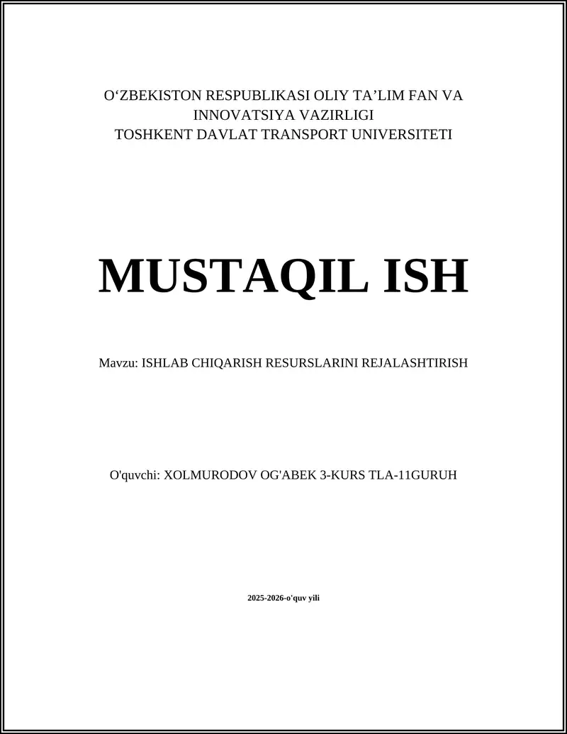 ISHLAB CHIQARISH RESURSLARINI REJALASHTIRISH
