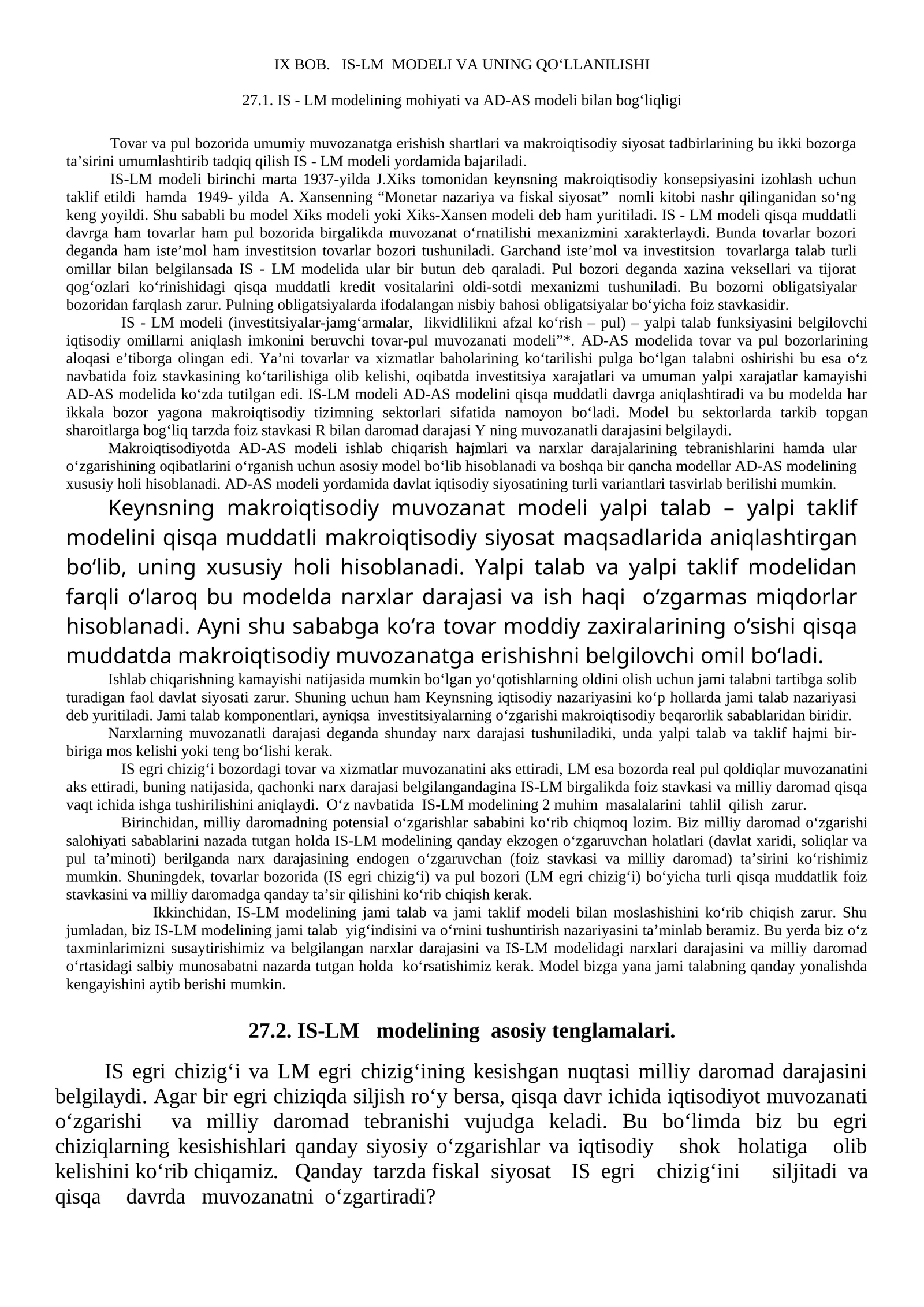 IS - LM modelining mohiyati va AD-AS modeli bilan bogʻliqligi