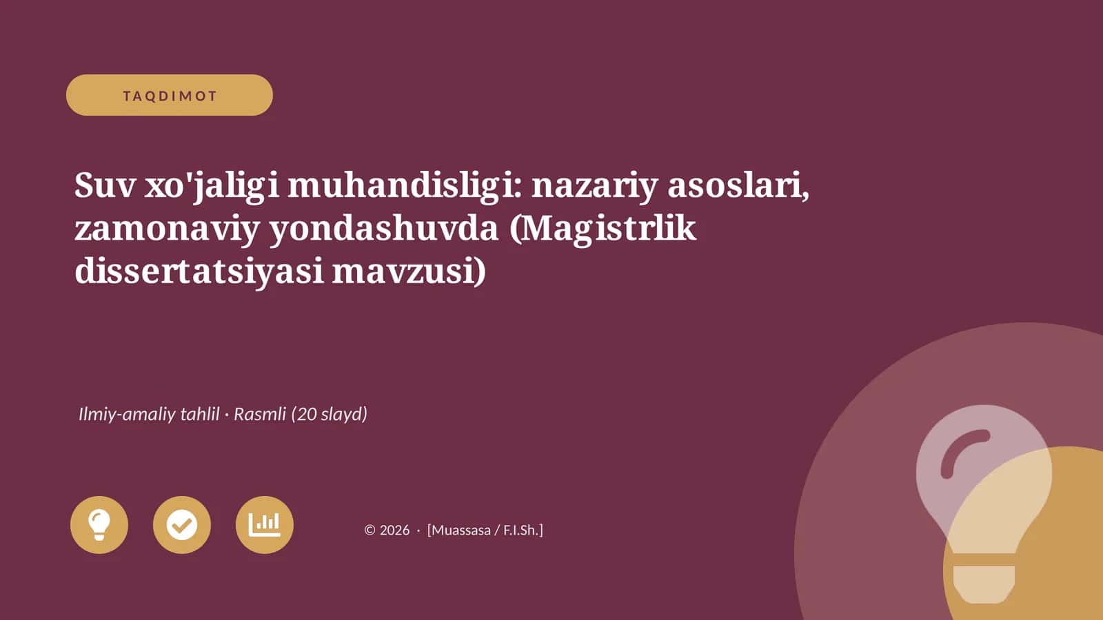 Suv xo'jaligi muhandisligi: nazariy asoslari, zamonaviy yondashuvda (Magistrlik dissertatsiyasi mavzusi)