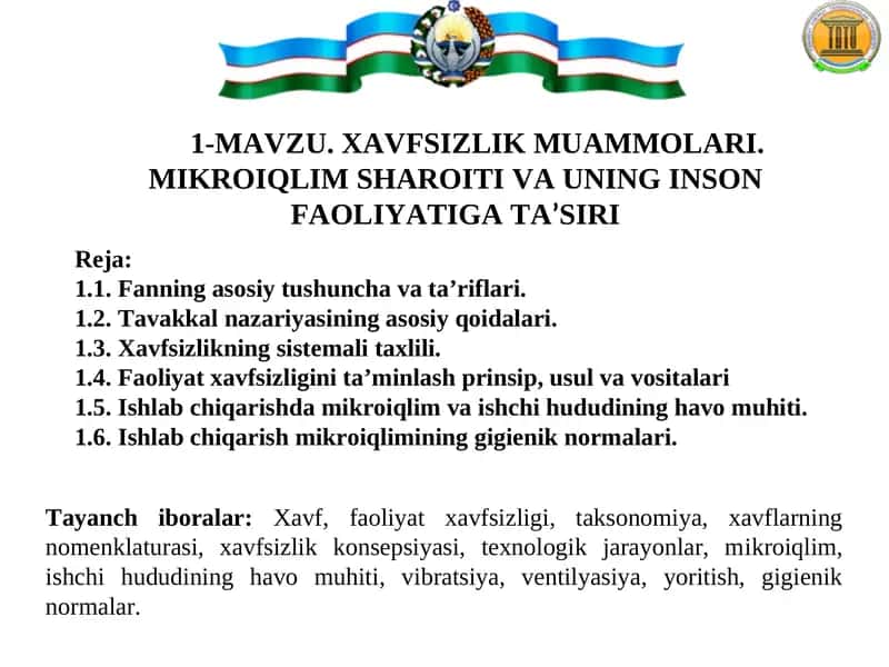 XAVFSIZLIK MUAMMOLARI. MIKROIQLIM SHAROITI VA UNING INSON FAOLIYATIGATA’SIRI
