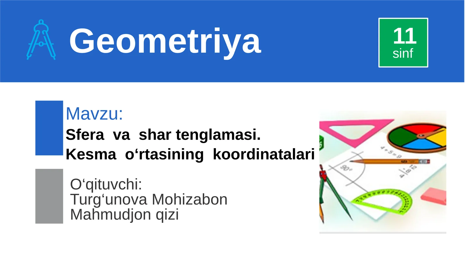 Sfera va shar tenglamasi. Kesma o‘rtasining koordinatalari