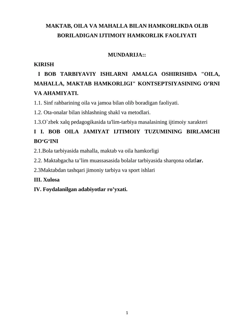 MAKTAB, OILA VA MAHALLA BILAN HAMKORLIKDA OLIB BORILADIGAN IJTIMOIY HAMKORLIK FAOLIYATI