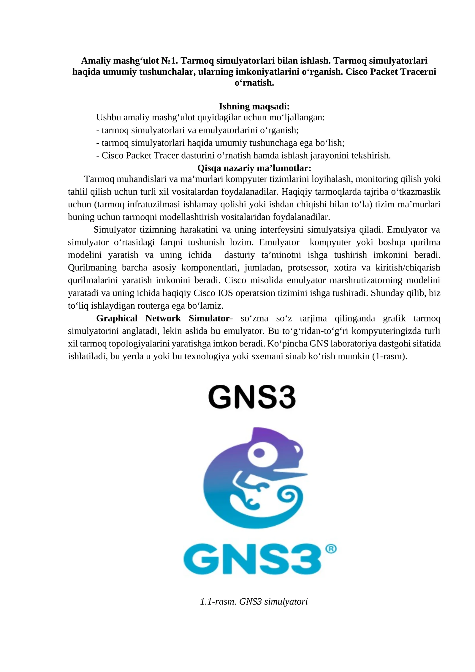 Amaliy mashg‘ulot №1. Tarmoq simulyatorlari bilan ishlash