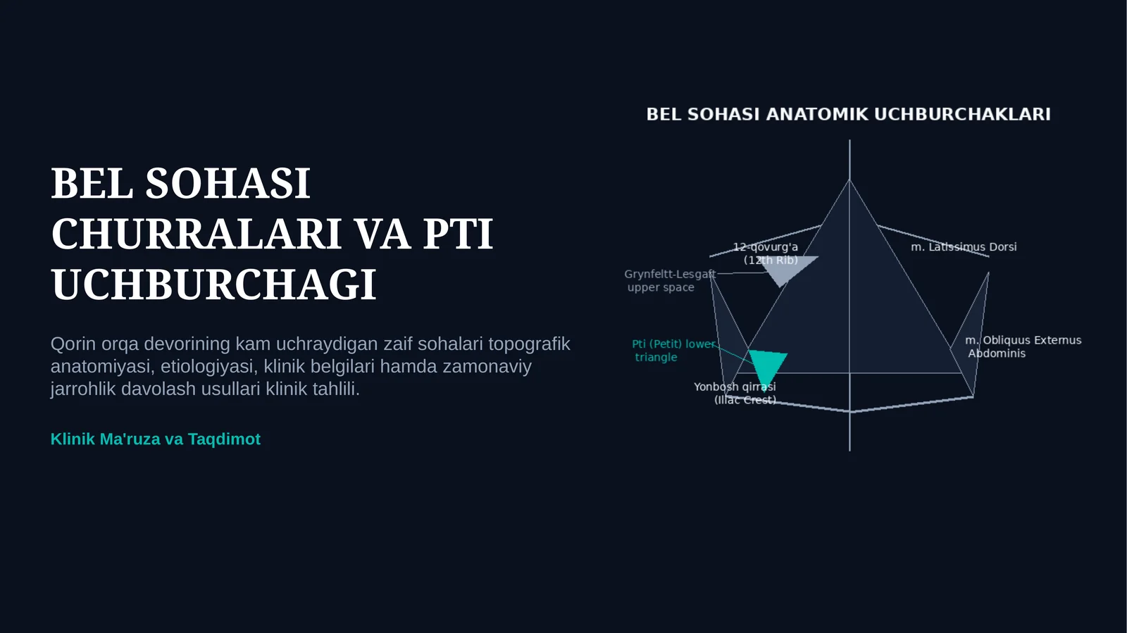 PTI UCHBURCHAGI VA BEL SOHASI CHURRALARI — ANATOMIYASI, TASHXISI VA DAVOLASH | 15 SLAYDLI TAQDIMOT