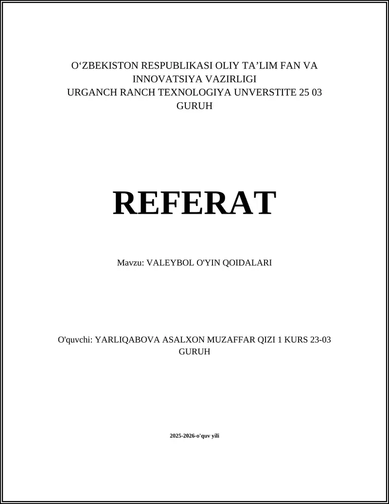 VALEYBOL O'YIN QOIDALARI
