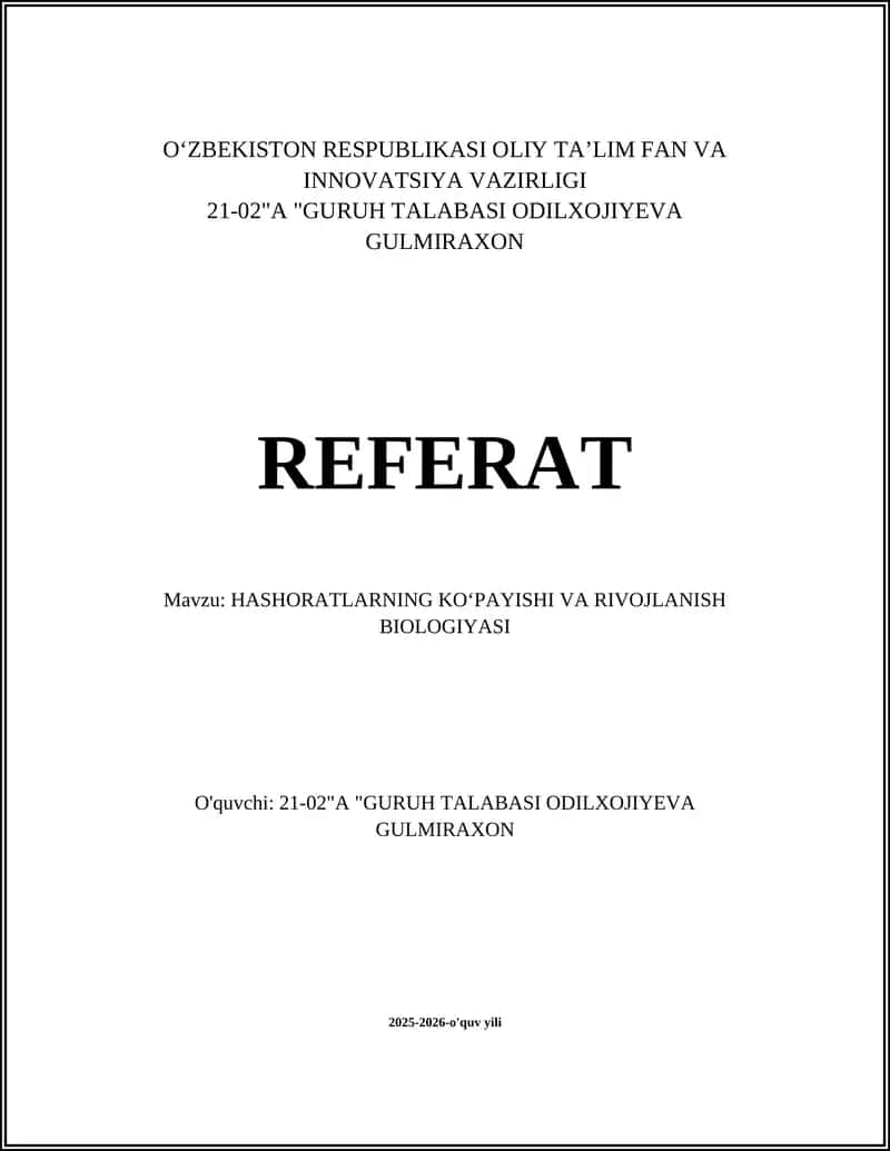 HASHORATLARNING KOʻPAYISHI VA RIVOJLANISH BIOLOGIYASI