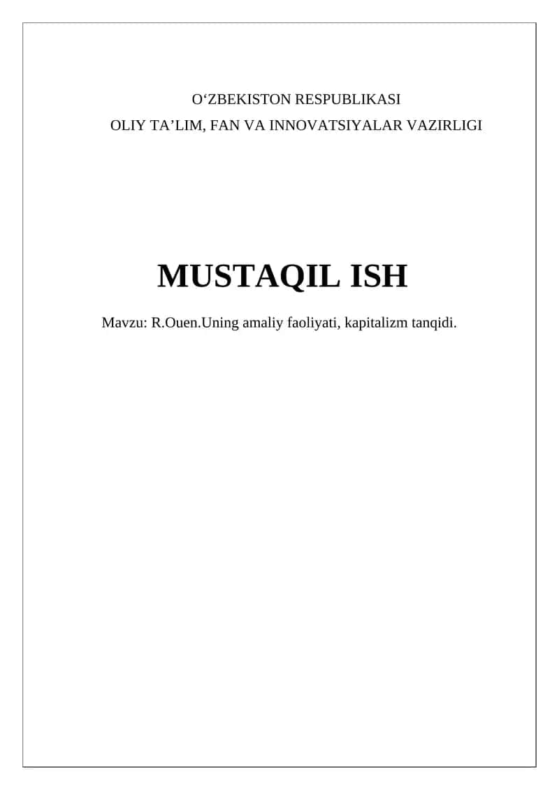 ﻿R.Ouen.Uning amaliy faoliyati, kapitalizm tanqidi