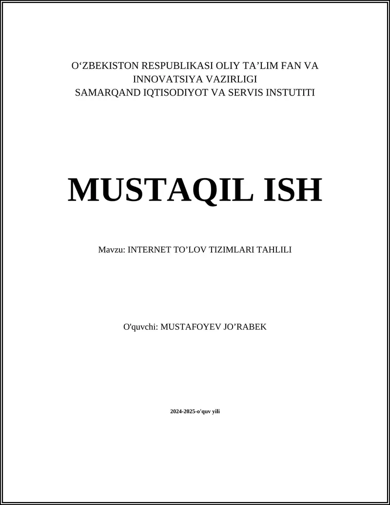 INTERNET TO’LOV TIZIMLARI TAHLILI