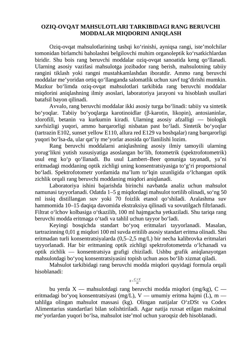 OZIQ-OVQAT MAHSULOTLARI TARKIBIDAGI RANG BERUVCHI MODDALAR MIQDORINI ANIQLASH