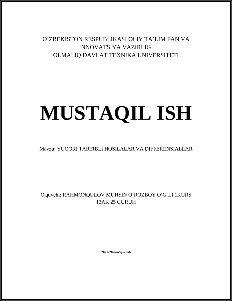 YUQORI TARTIBLI HOSILALAR VA DIFFERENSIALLAR