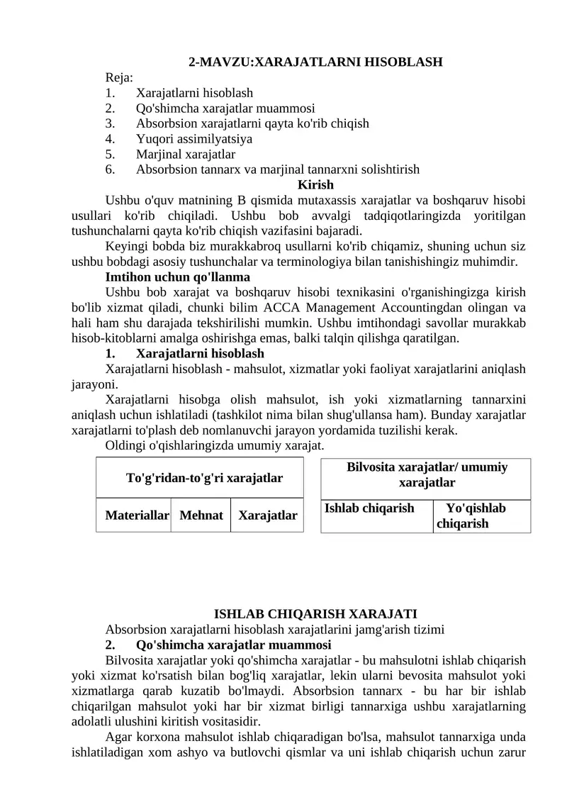 XARAJATLARNI HISOBLASH