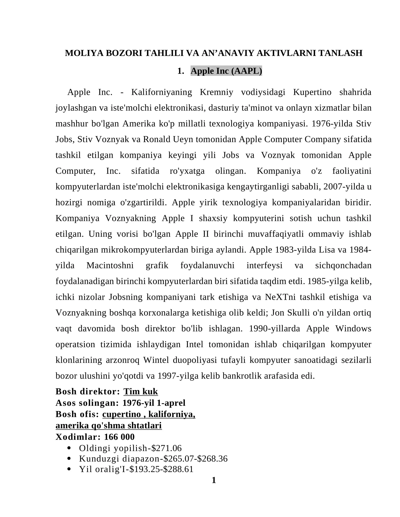 MOLIYA BOZORI TAHLILI VA AN’ANAVIY AKTIVLARNI TANLASH