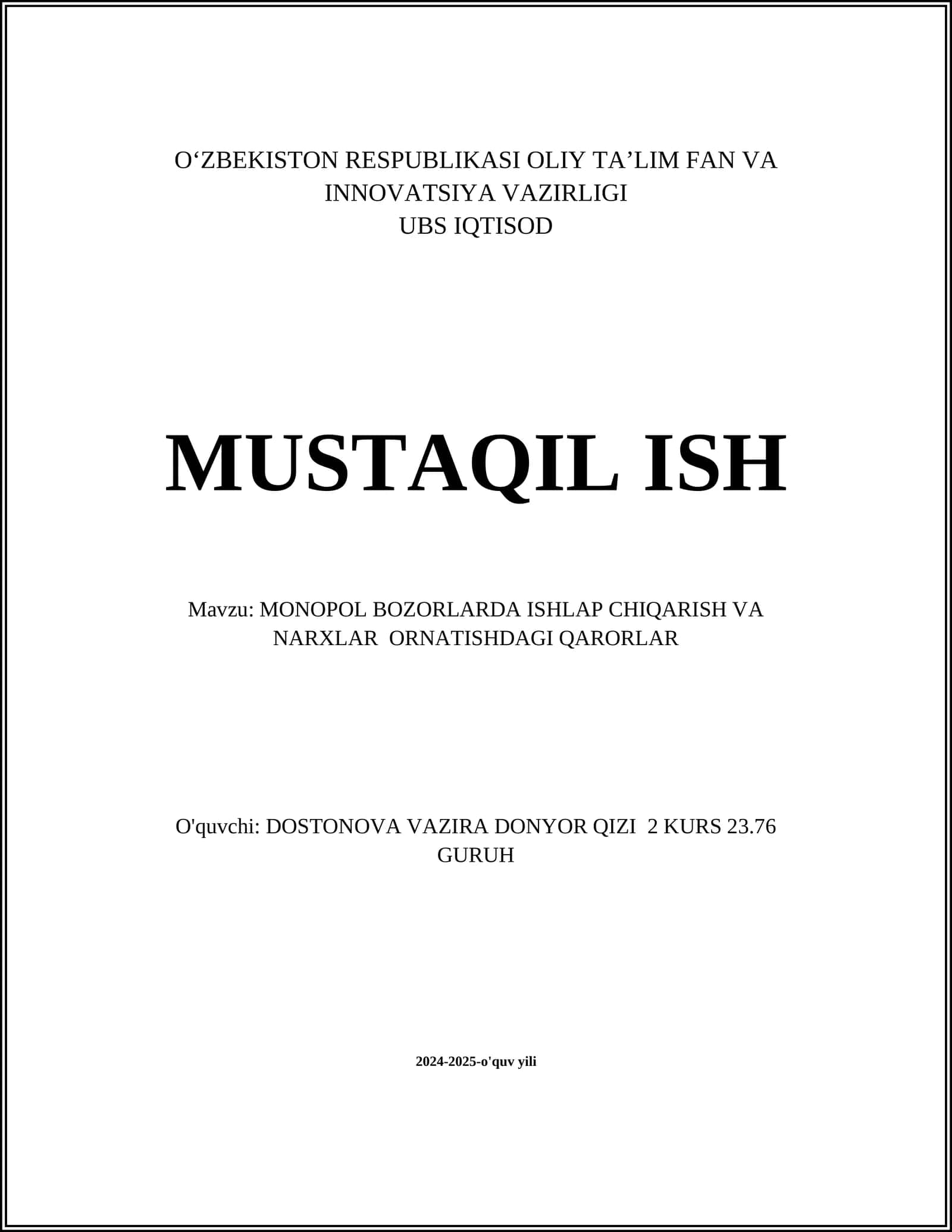 MONOPOL BOZORLARDA ISHLAP CHIQARISH VA NARXLAR ORNATISHDAGI QARORLAR