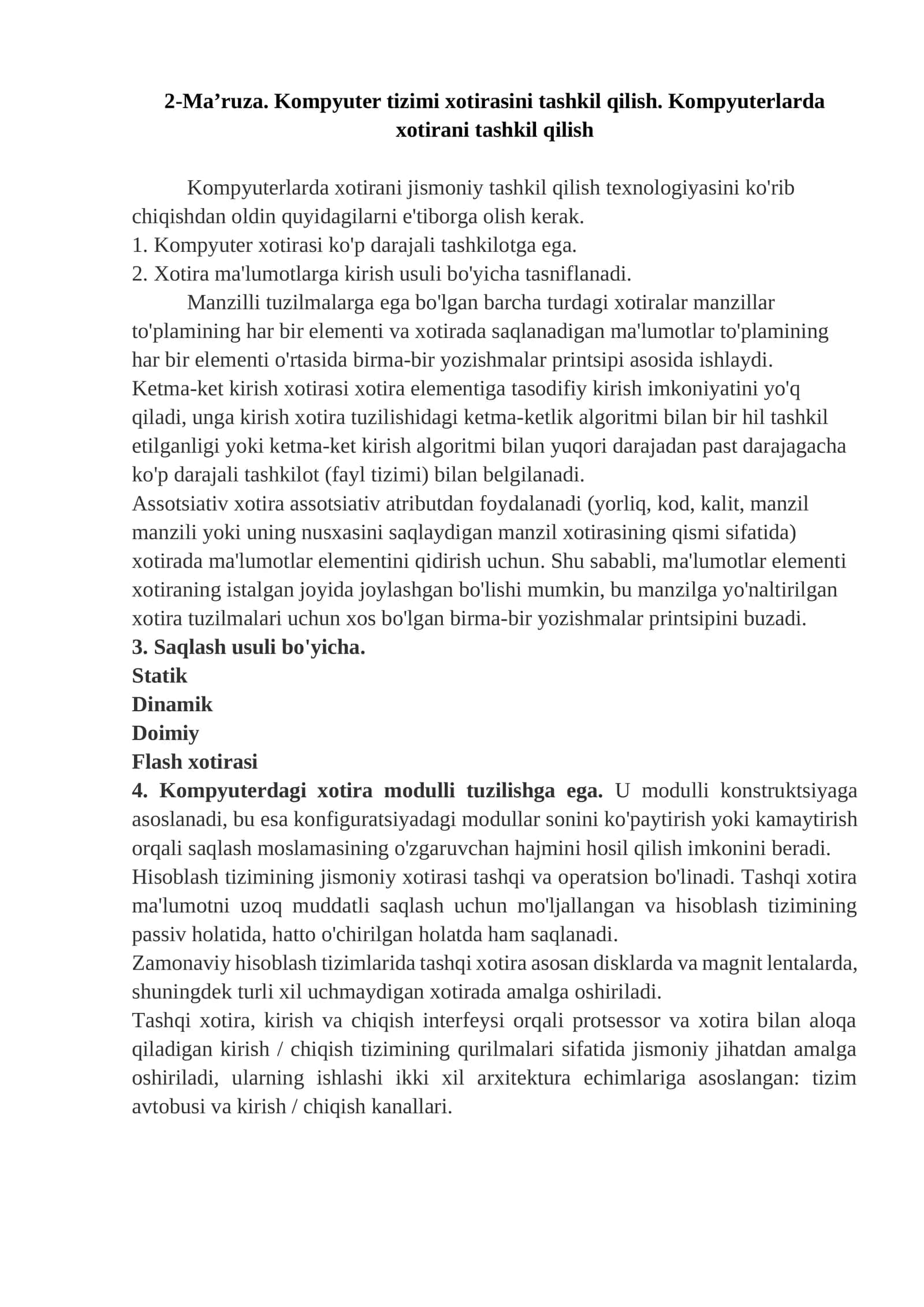 Kompyuter tizimi xotirasini tashkil qilish