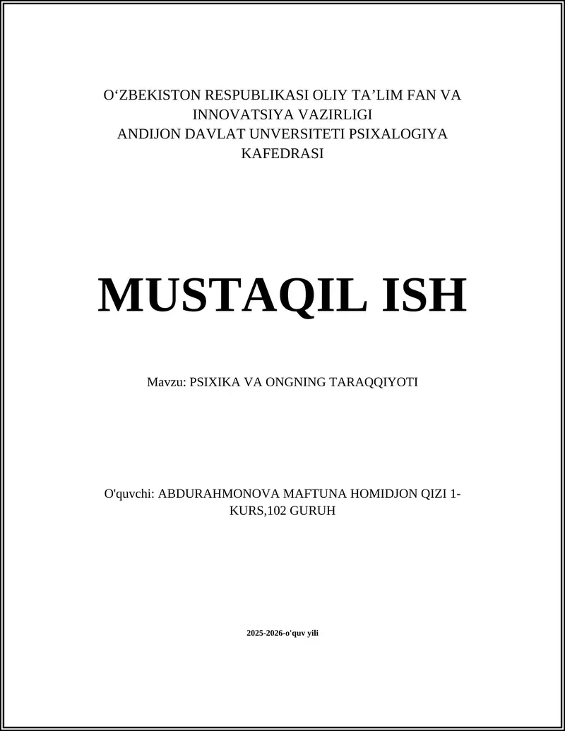 PSIXIKA VA ONGNING TARAQQIYOTI