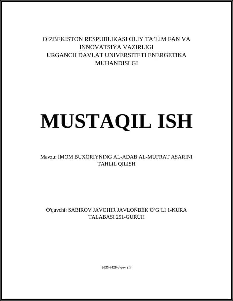 IMOM BUXORIYNING AL-ADAB AL-MUFRAT ASARINI TAHLIL QILISH
