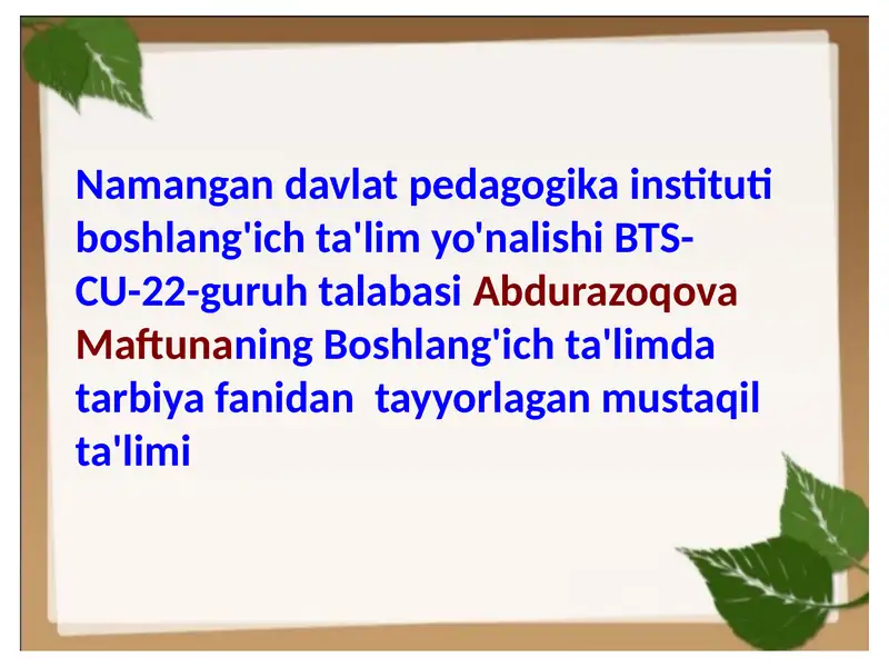 Tarbiya fanini o'qitishda tarbiya treninglari asosida faoliyatini tashkil etish