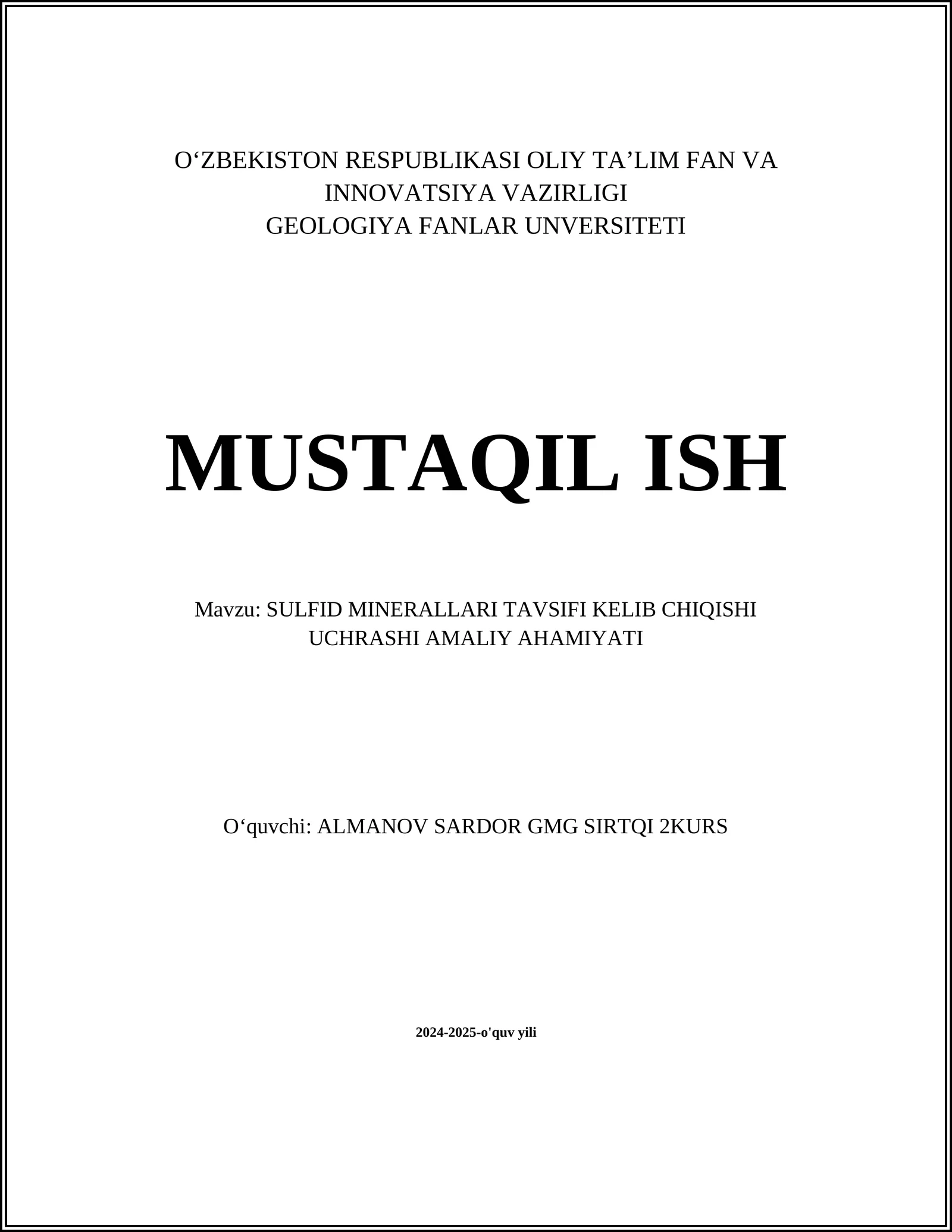SULFID MINERALLARI TAVSIFI KELIB CHIQISHI