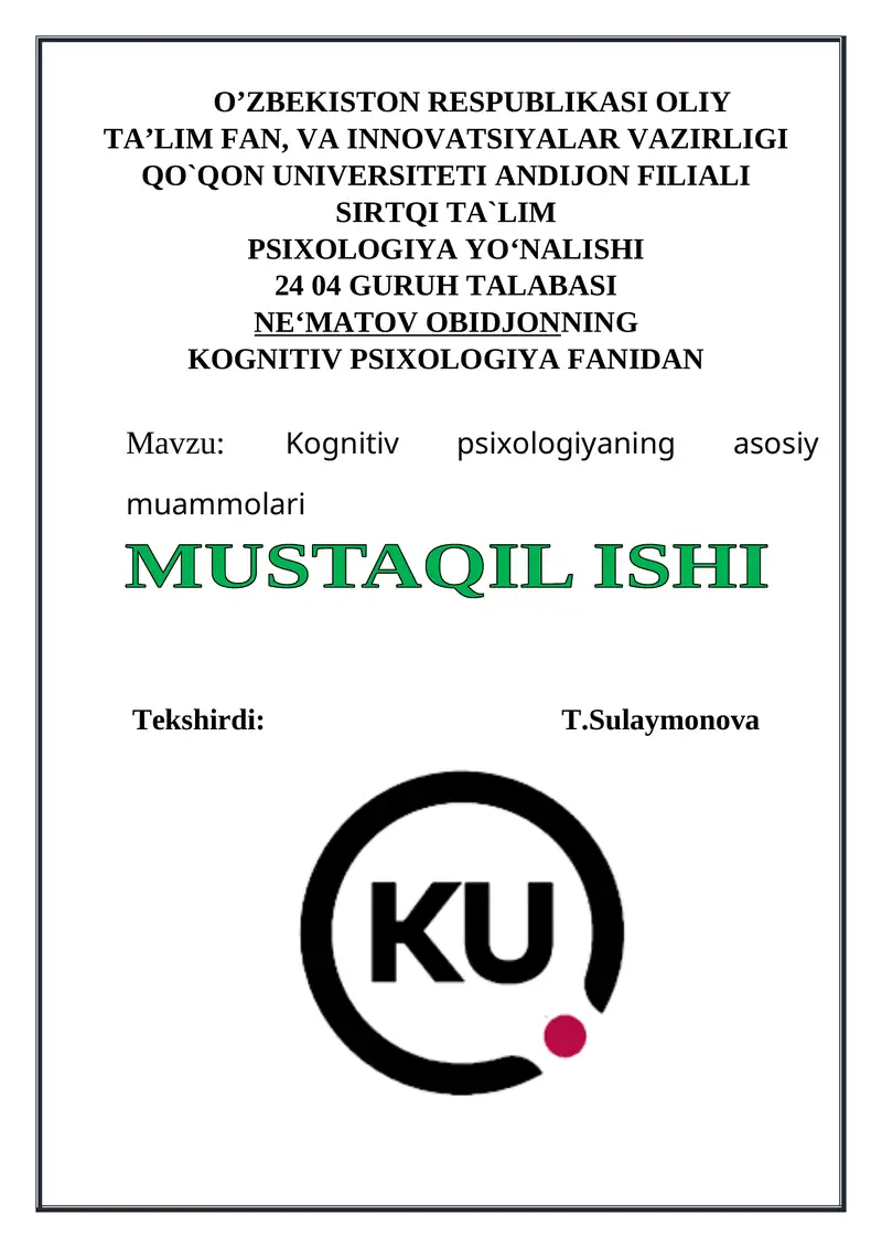 Kognitiv psixologiyadan mustaqil ish