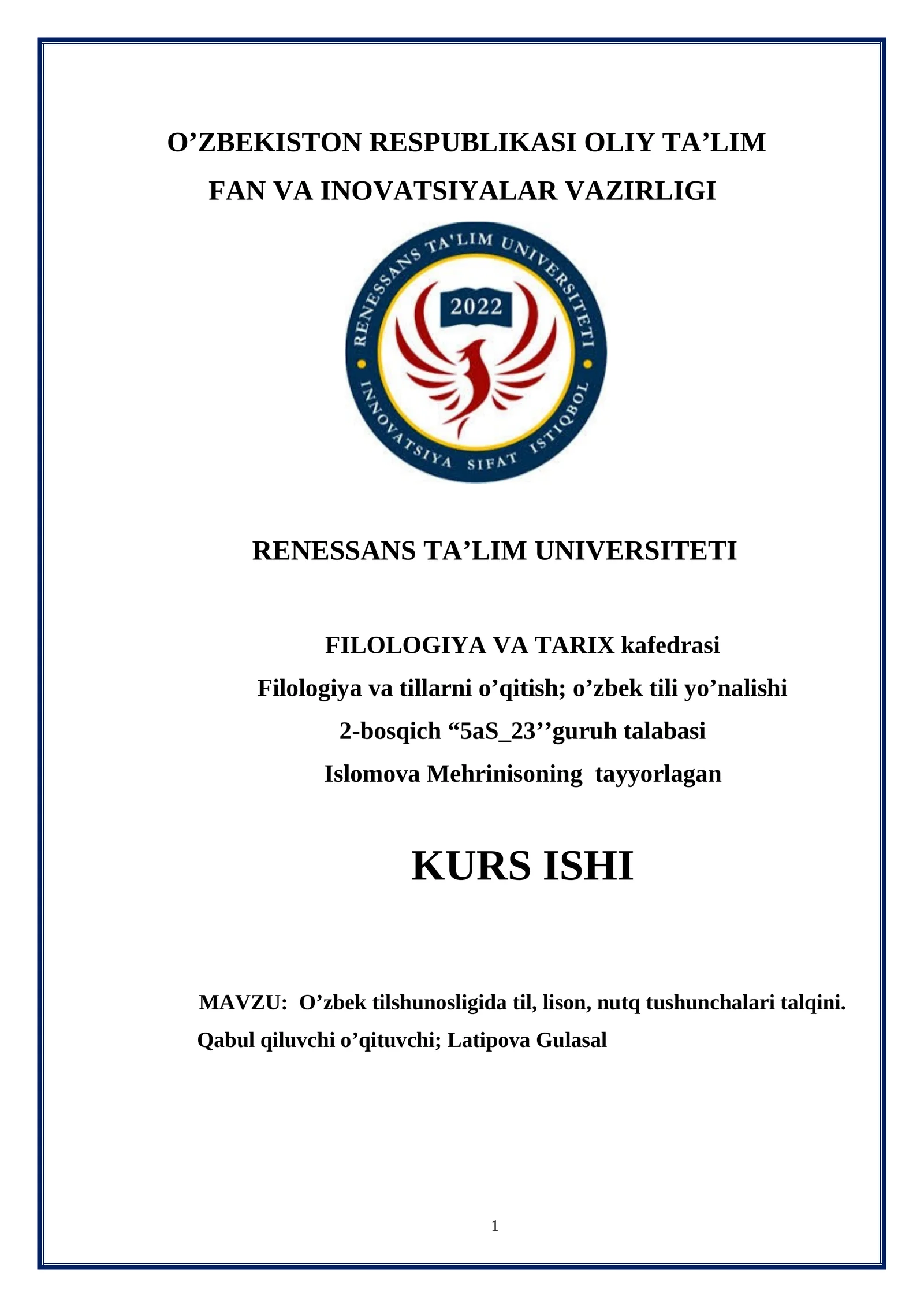 O’zbek tilshunosligida til, lison, nutq tushunchalari talqini