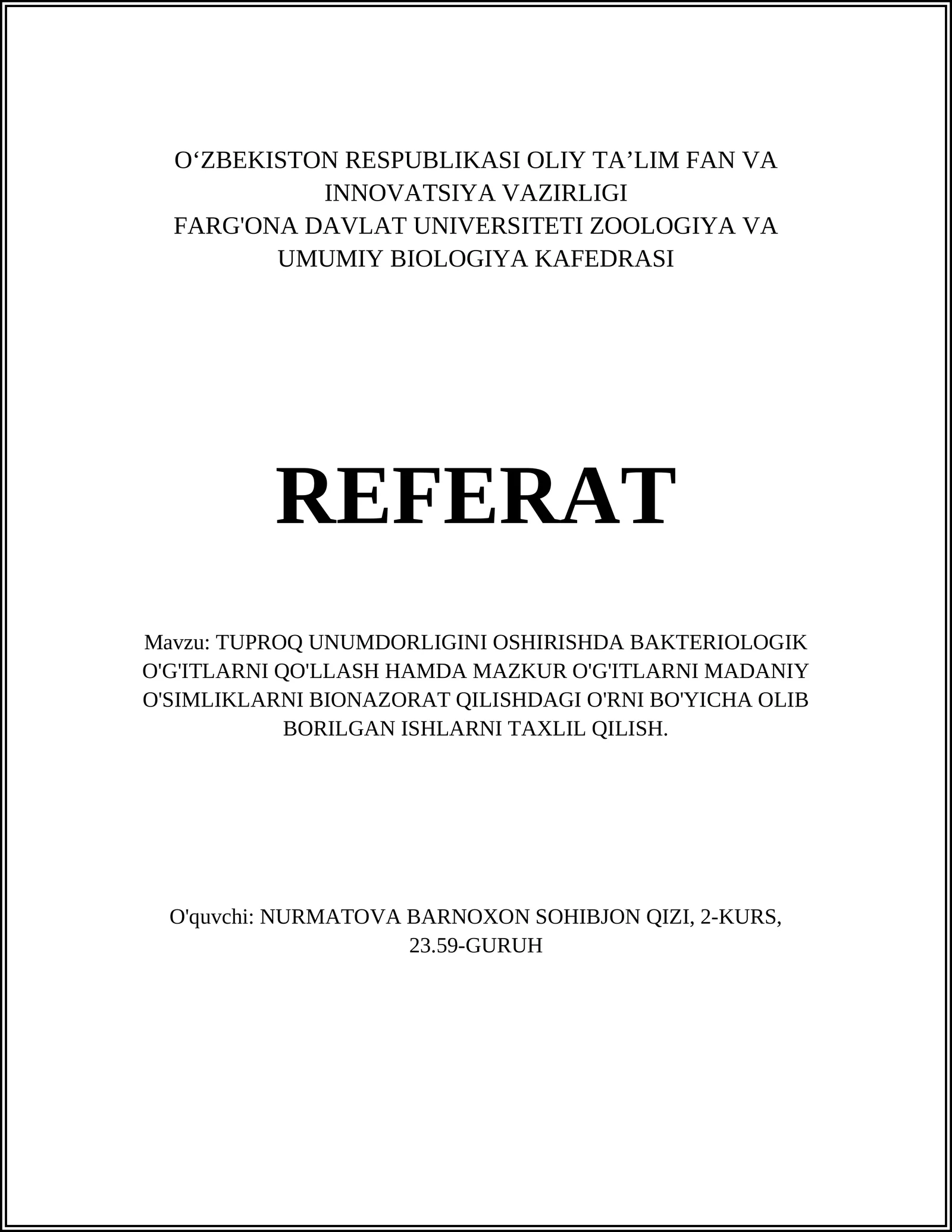 TUPROQ UNUMDORLIGINI OSHIRISHDA BAKTERIOLOGIK O'G'ITLARNI QO'LLASH