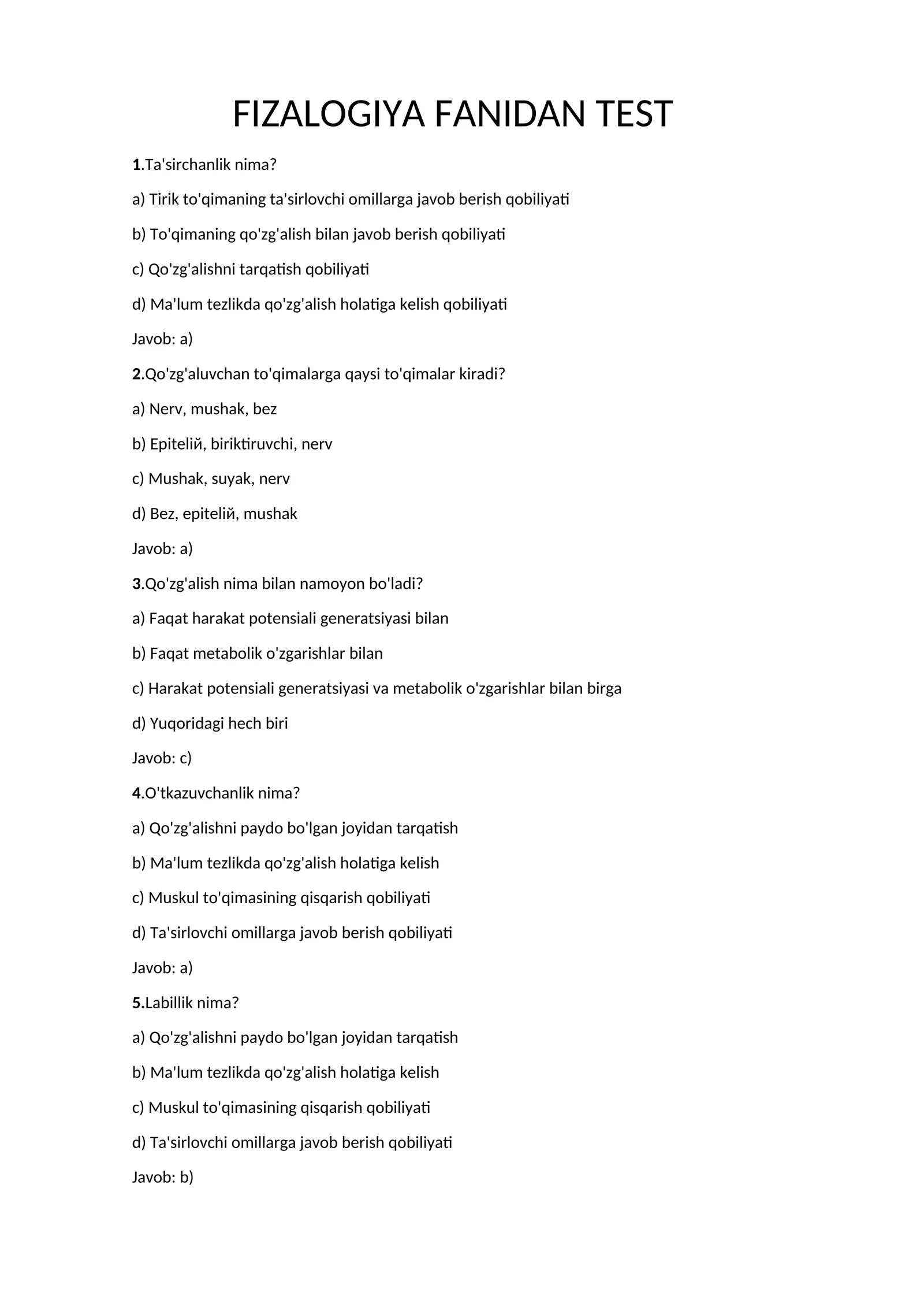 FIZALOGIYA FANIDAN TEST