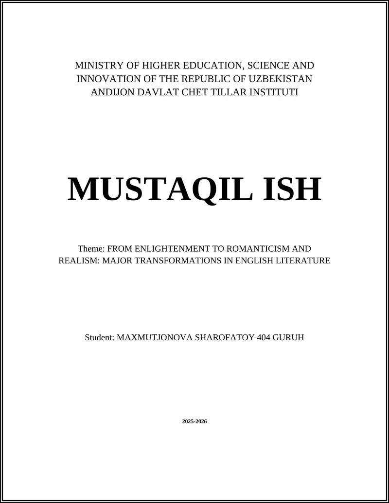 FROM ENLIGHTENMENT TO ROMANTICISM AND REALISM: MAJOR TRANSFORMATIONS IN ENGLISH LITERATURE