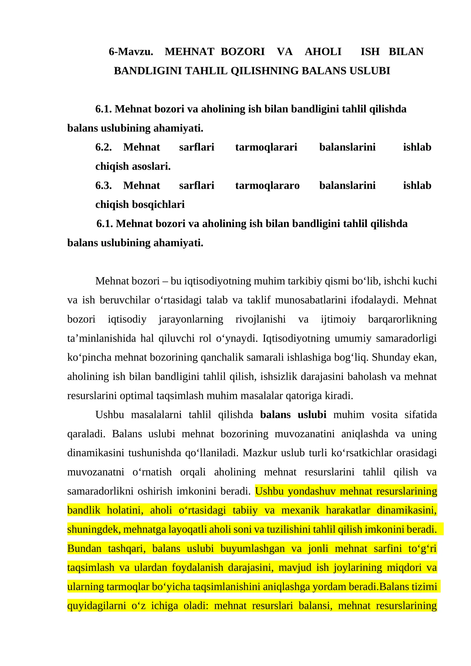 Mehnat Bozori va Aholi Ish Bilan Bandligini Tahlil Qilishning Balans Uslubi