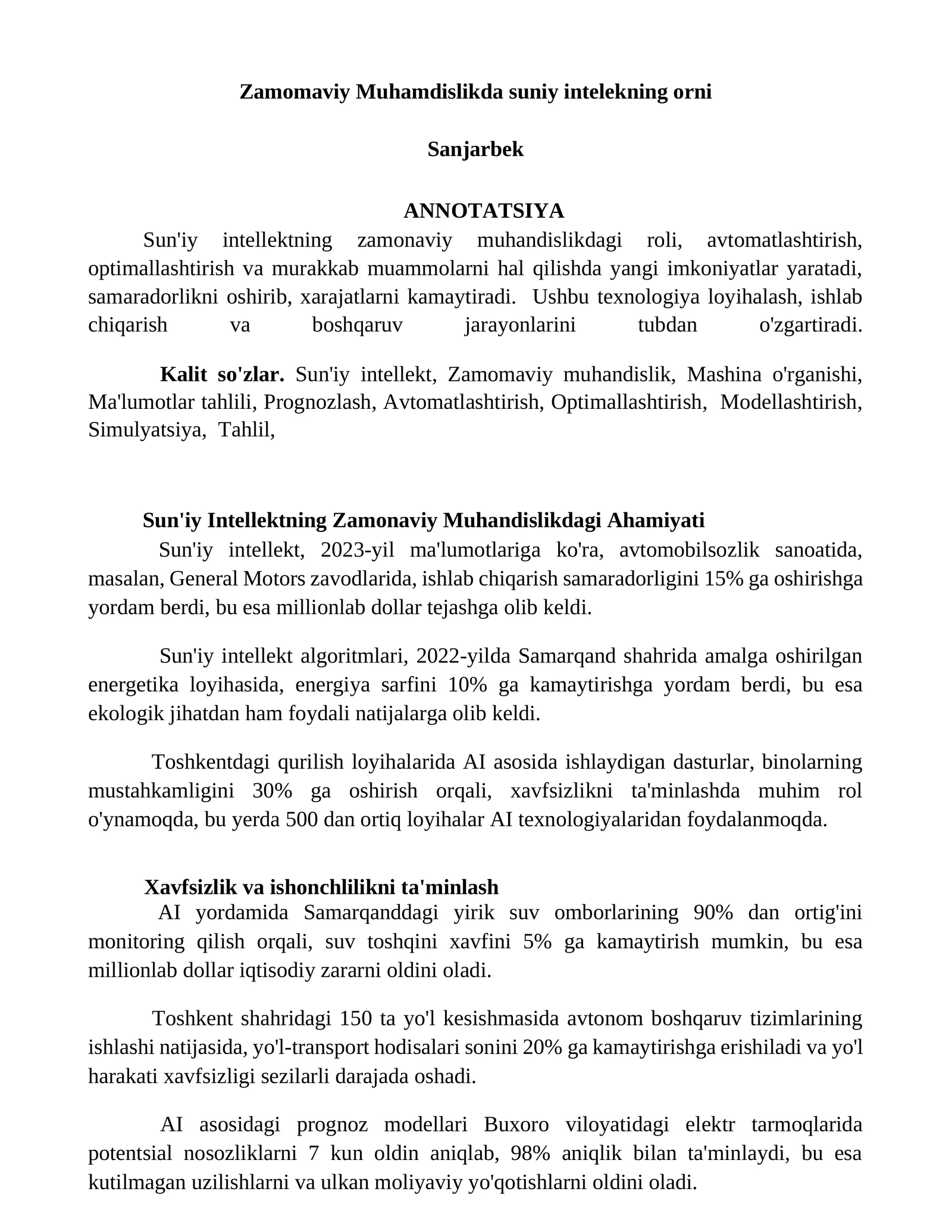 Sun'iy Intellektning Zamonaviy Muhandislikdagi Ahamiyati