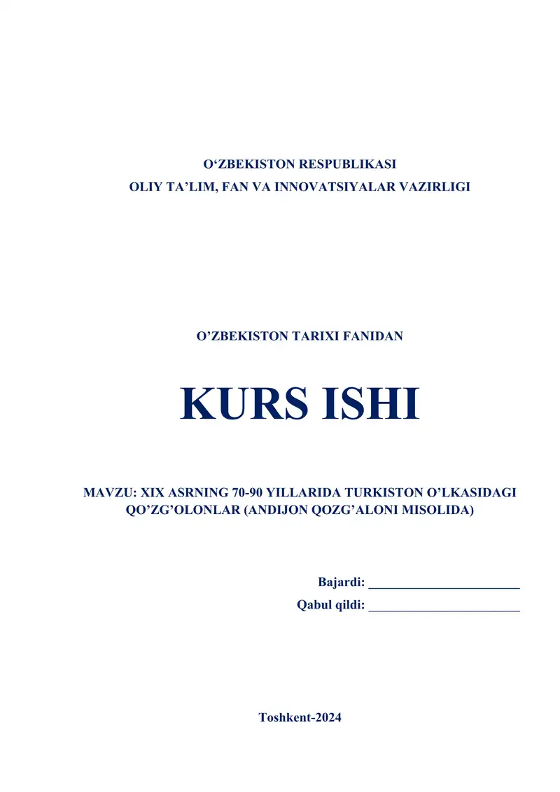 XIX ASRNING 70-90 YILLARIDA TURKISTON O’LKASIDAGI QO’ZG’OLONLAR (ANDIJON QOZG’ALONI MISOLIDA)