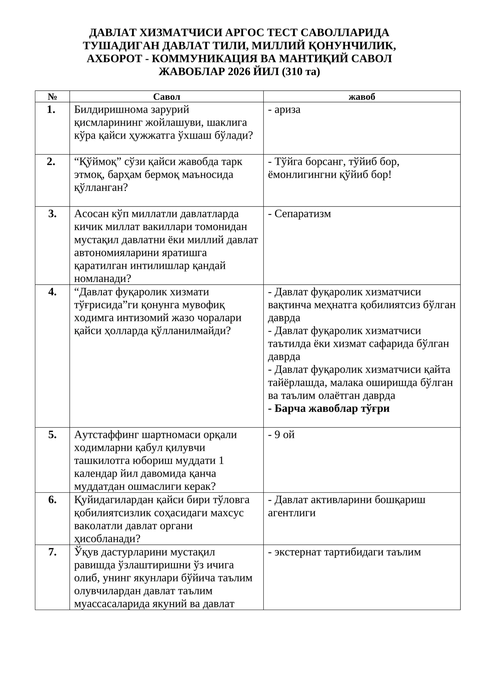 ДАВЛАТ ХИЗМАТЧИСИ АРГОС ТЕСТ САВОЛЛАРИДА ТУШАДИГАН ДАВЛАТ ТИЛИ, МИЛЛИЙ ҚОНУНЧИЛИК