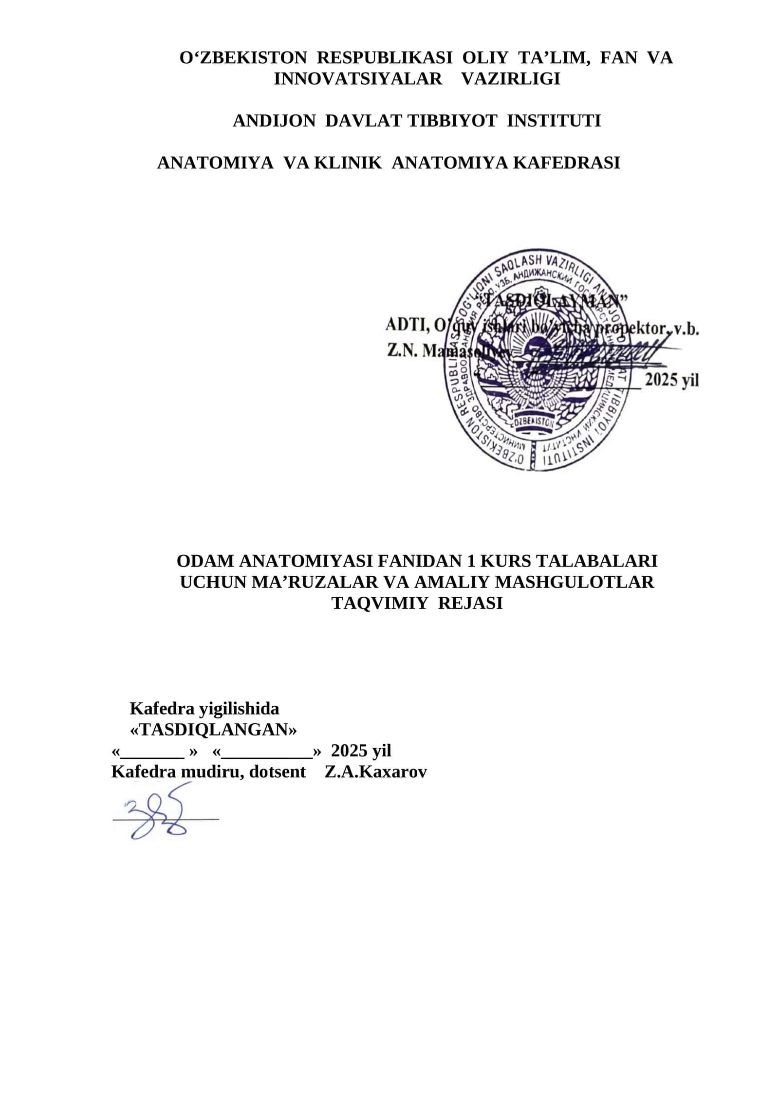 1 KURS DAVOLASH, PEDIATRIYA, TIBBIY PROFILAKTIKA VA FUNDAMENTAL TIBBIYOT FAKULTETI TALABALARI UCHUN MA’RUZA VA AMALIY MASHGULOTLAR MAVZULARI