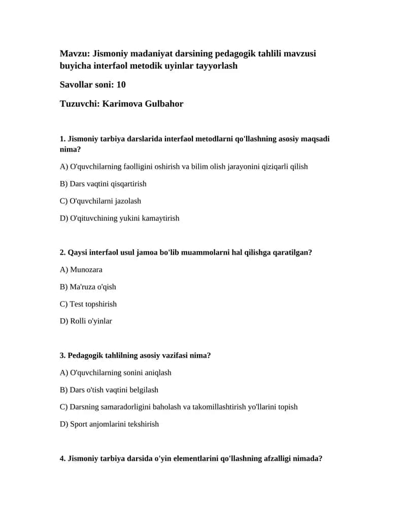 Jismoniy madaniyat darsining pedagogik tahlili