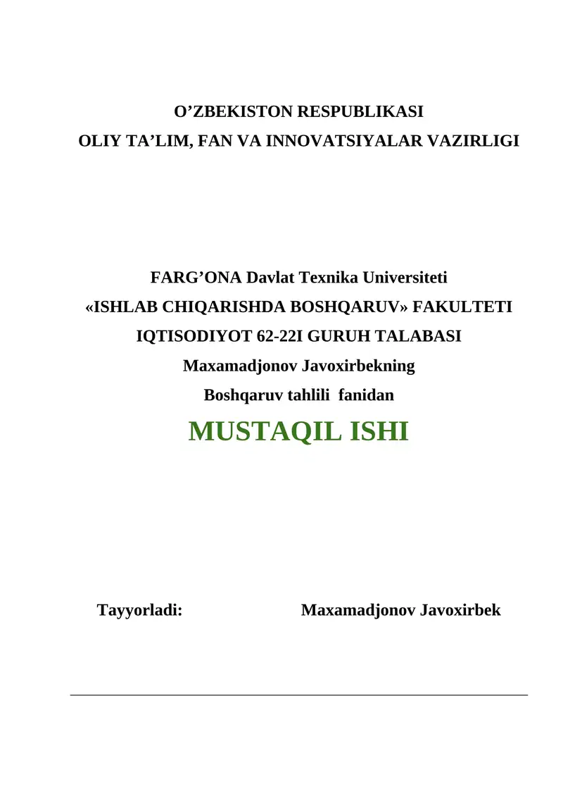 Korxonaning Asosiy Vositalar Bilan Ta’minlanish Darajasi va Ulardan Samarali Foydalanish Tahlili