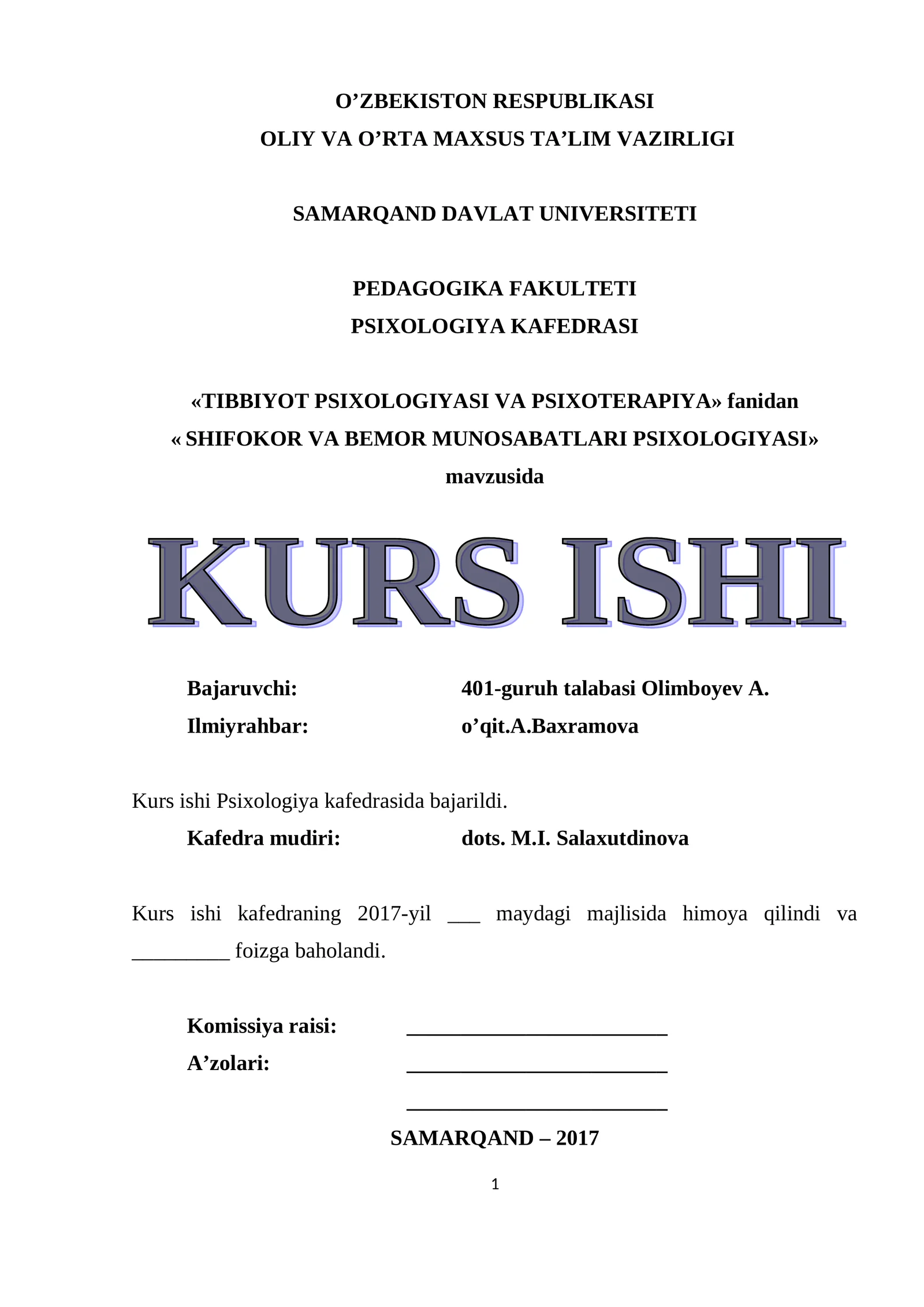 SHIFOKOR VA BEMOR MUNOSABATLARI PSIXOLOGIYASI