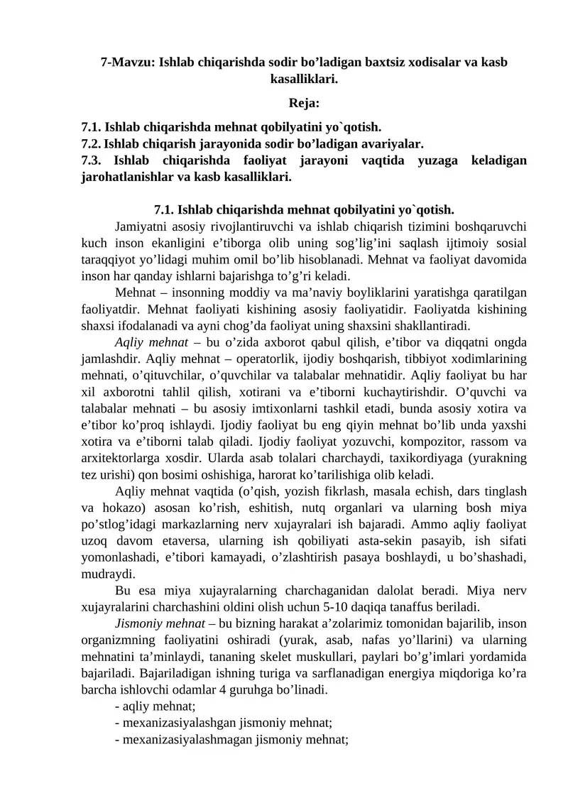 7-Mavzu: Ishlab chiqarishda sodir bo’ladigan baxtsiz xodisalar va kasb kasalliklari.