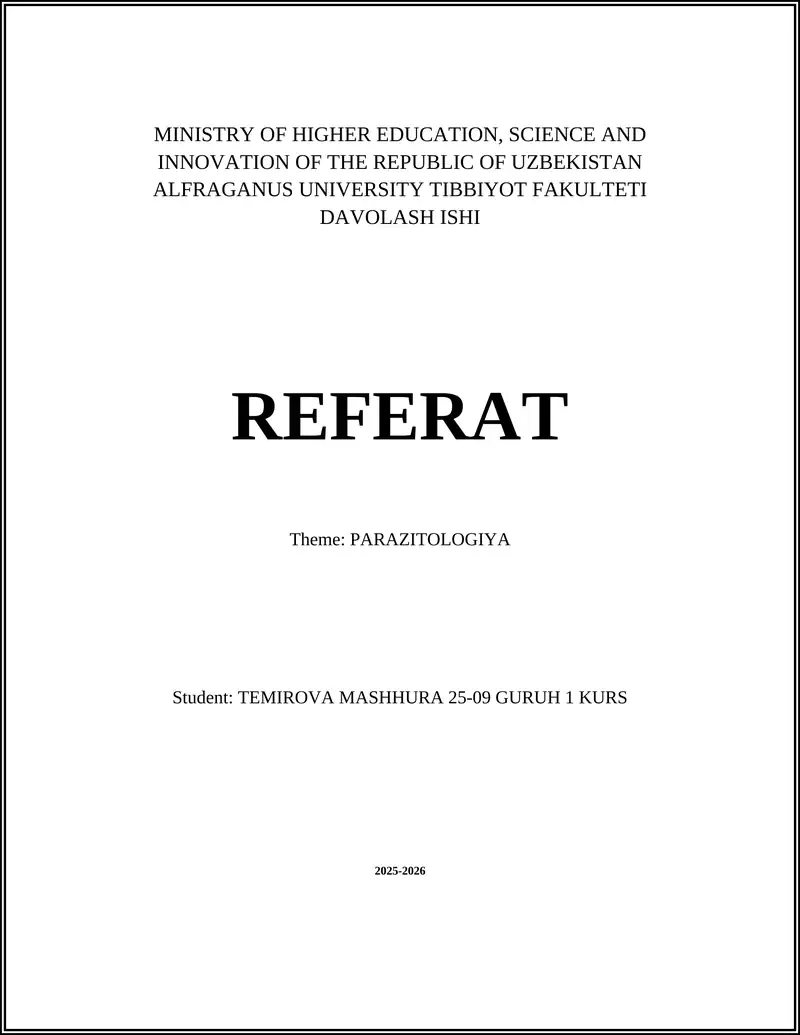 PARAZITOLOGIYA REFERAT
