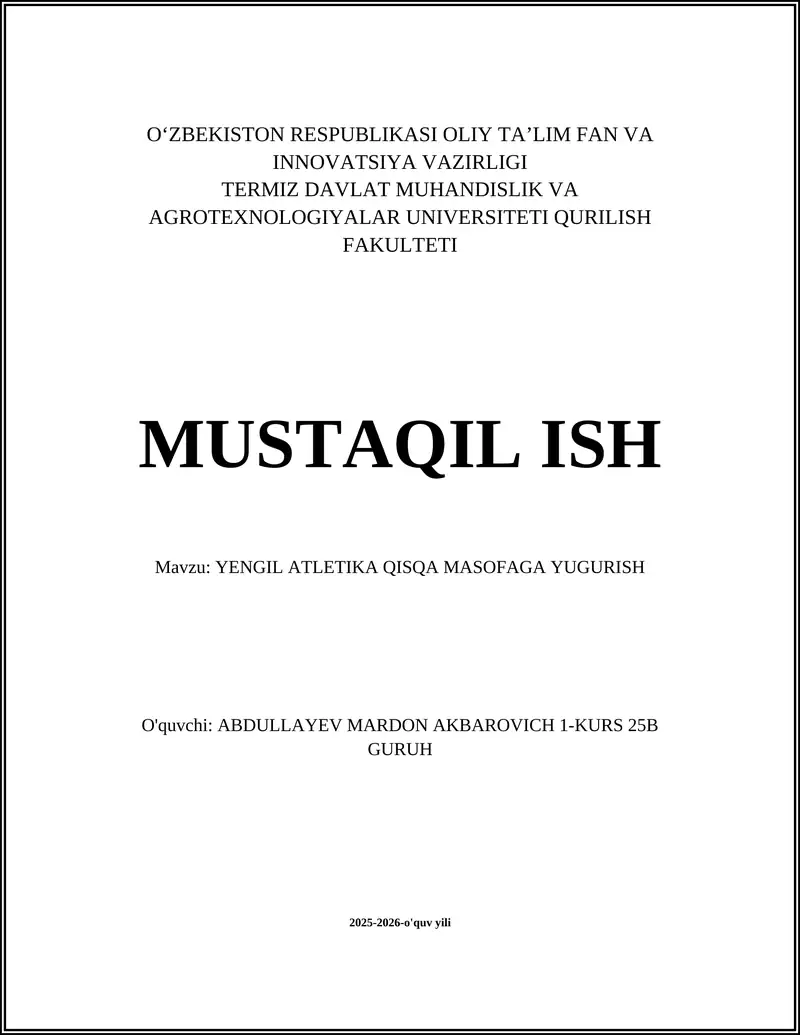 YENGIL ATLETIKA QISQA MASOFAGA YUGURISH