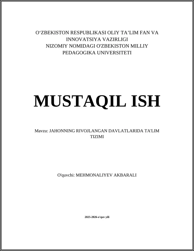 JAHONNING RIVOJLANGAN DAVLATLARIDA TA'LIM TIZIMI