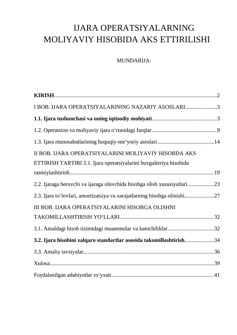 IJARA OPERATSIYALARNING MOLIYAVIY HISOBIDA AKS ETTIRILISHI