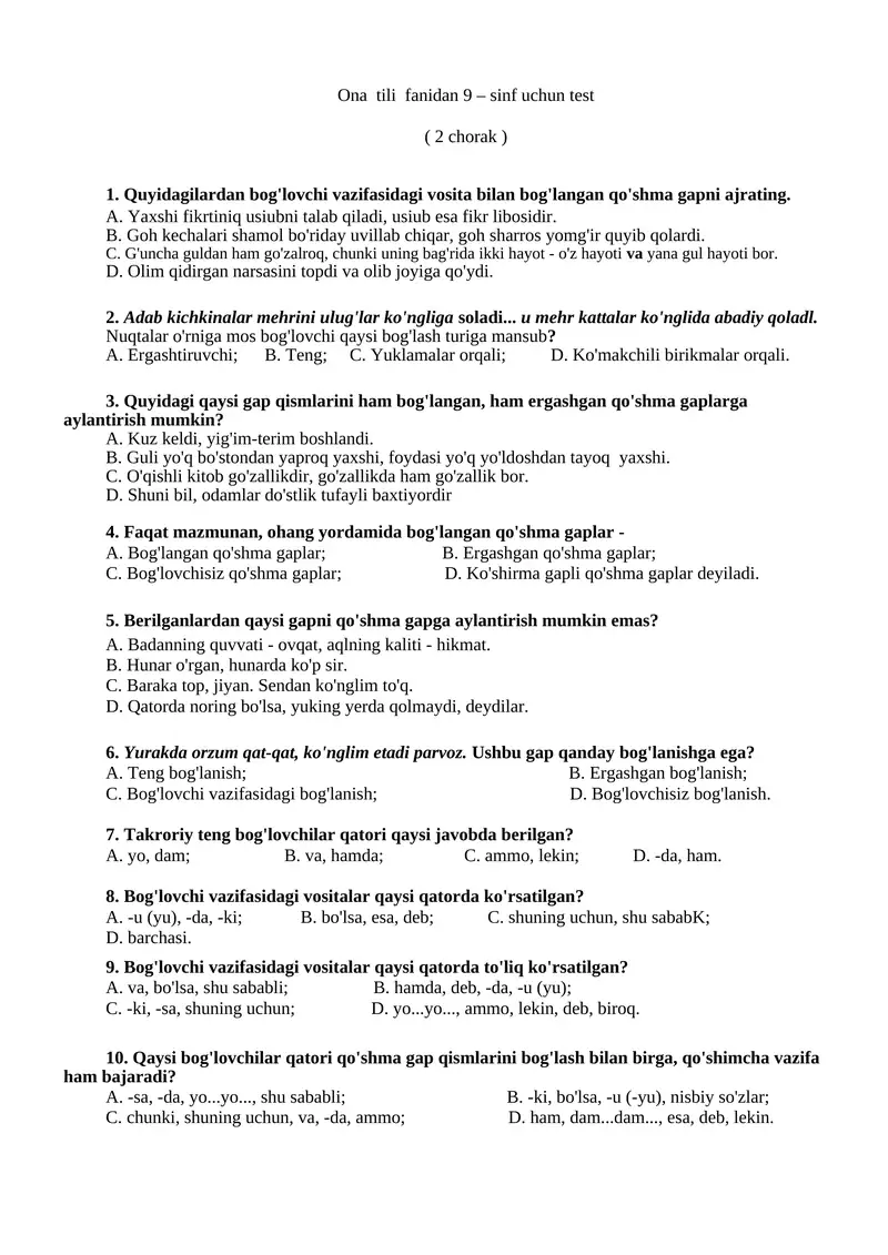 Ona tili fanidan 9 – sinf uchun test