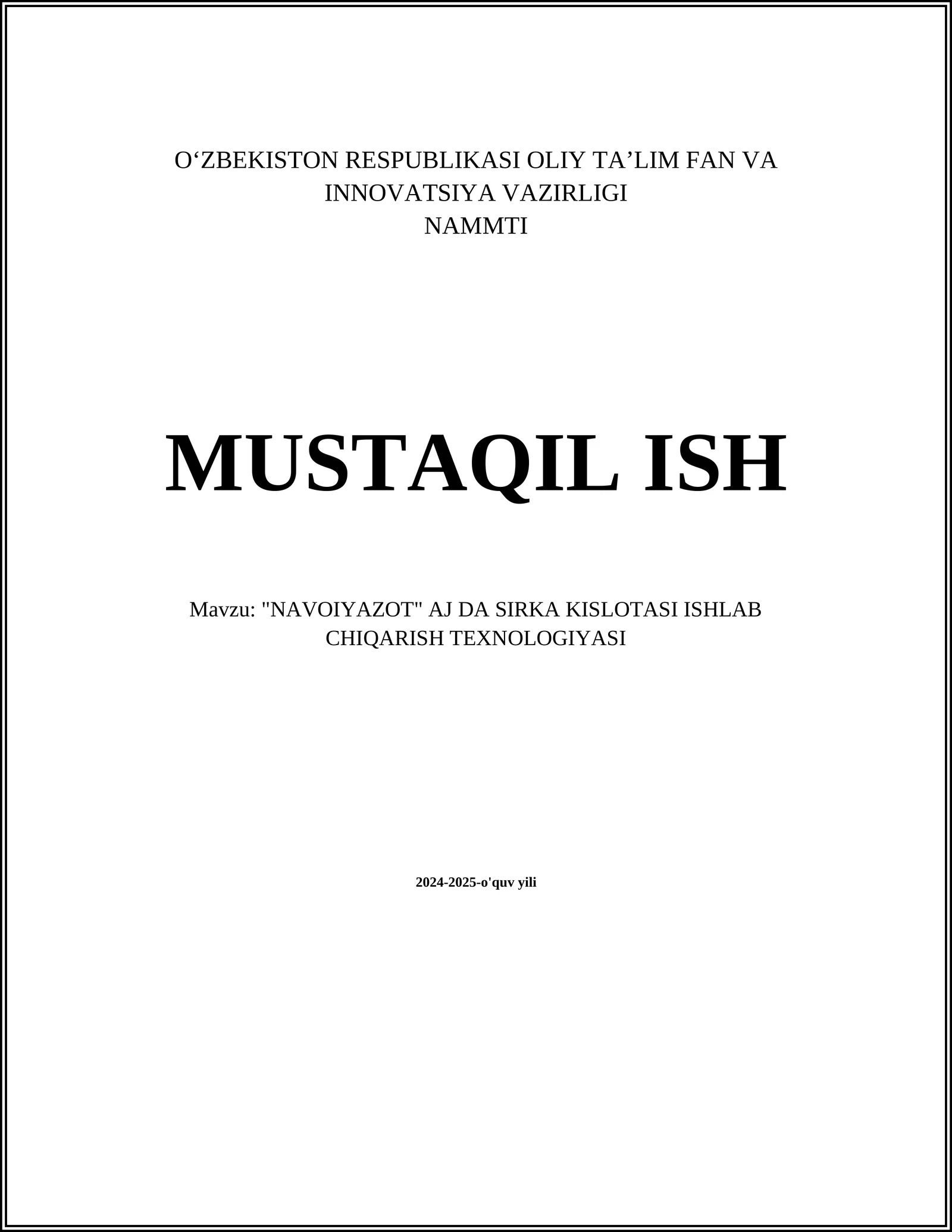"NAVOIYAZOT" AJ DA SIRKA KISLOTASI ISHLAB CHIQARISH TEXNOLOGIYASI