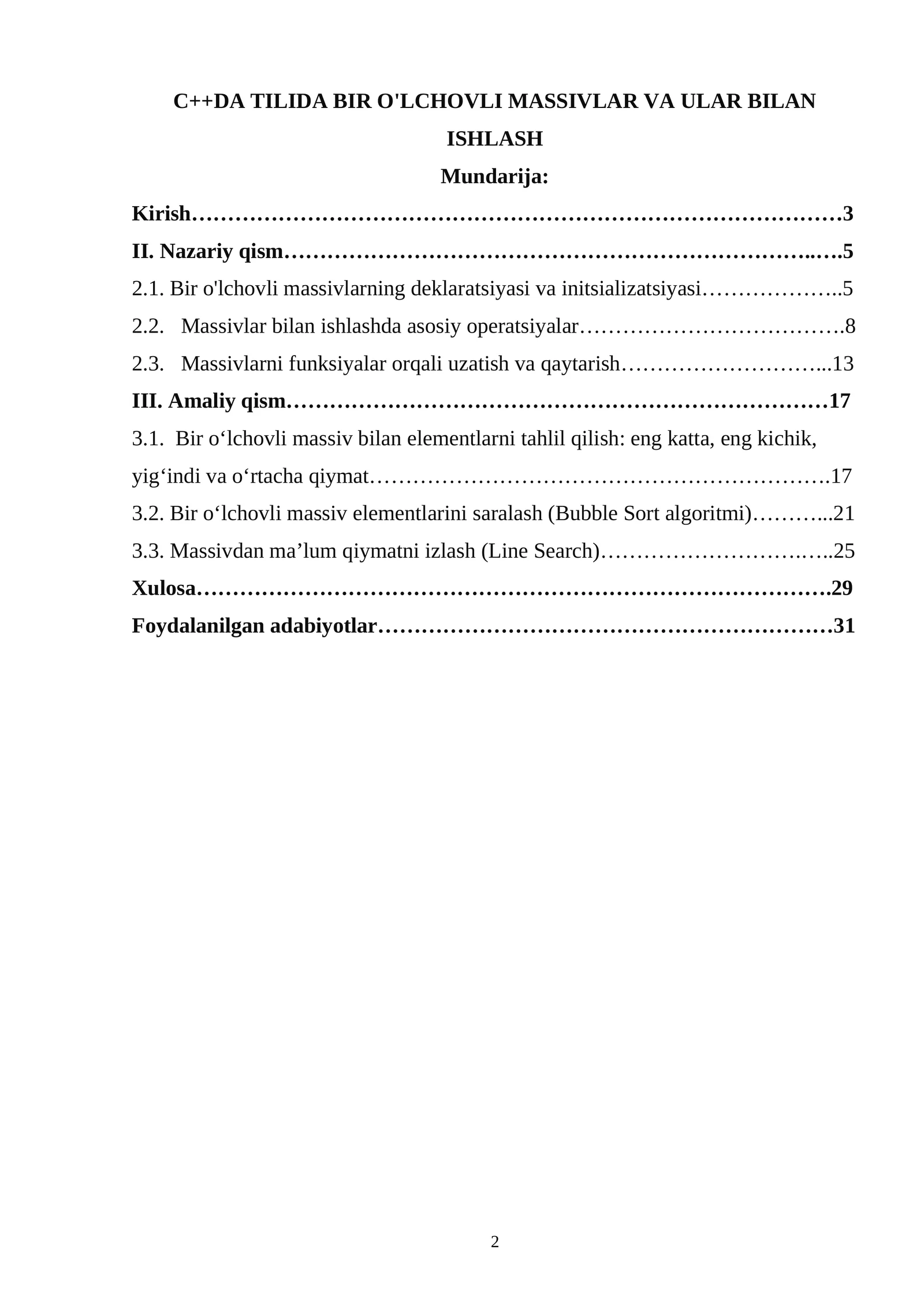 C++DA TILIDA BIR O'LCHOVLI MASSIVLAR VA ULAR BILAN ISHLASH