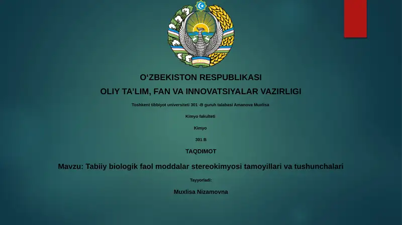 Tabiiy biologik faol moddalar stereokimyosi tamoyillari va tushunchalari